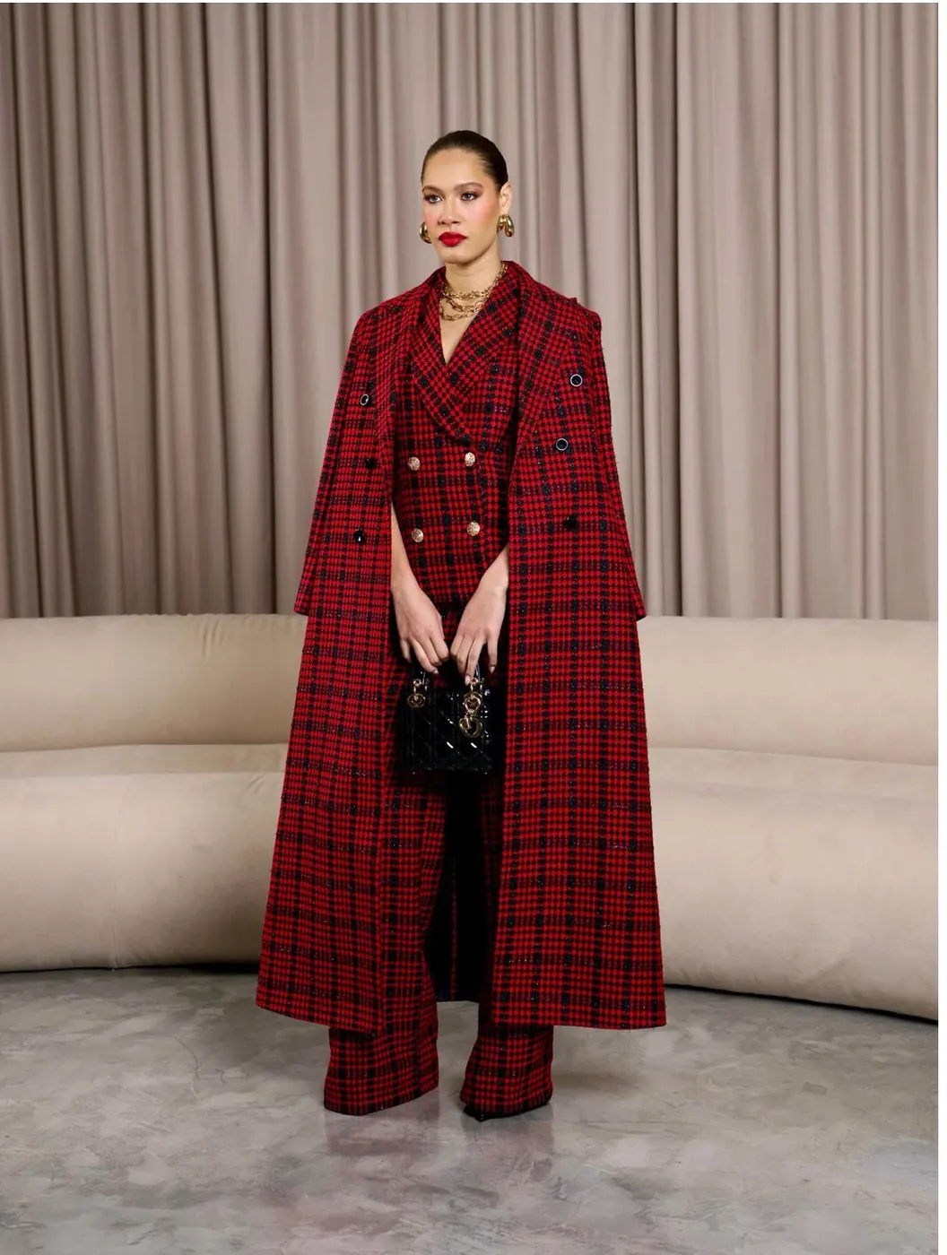 Olarsgrace look photographed for the NYFW campaign — tailored check suiting
